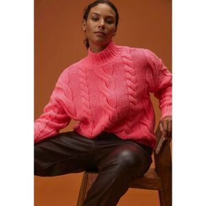 Anthropologie Cable-Knit Sweater Womens Small Mock Neck Pink Long Sleeve